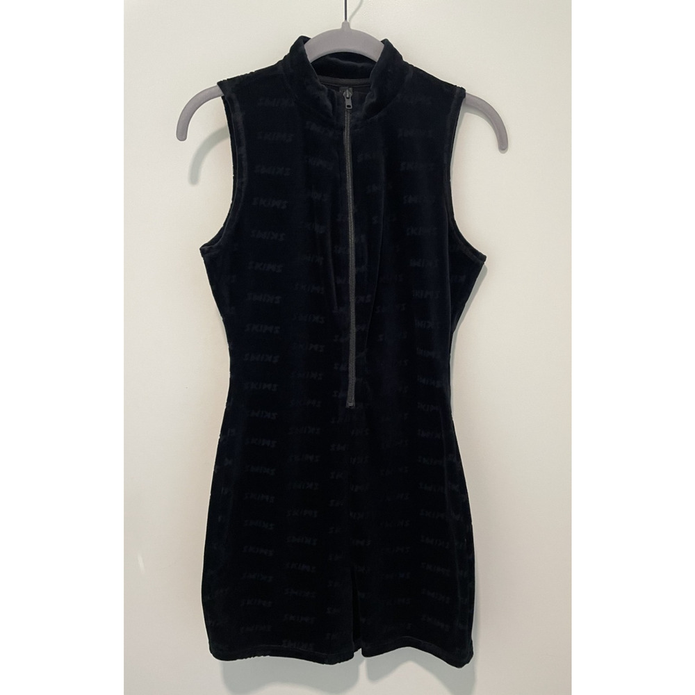 SKIMS Velour Logo Romper Womens Small Black Zip Front Sleeveless One Piece